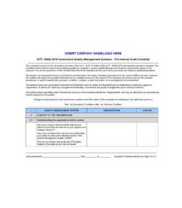 IATF 16949:2016 Internal Audit Tools: Checklist, Procedure and Forms