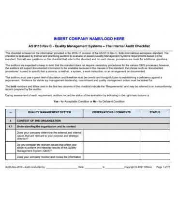 AS9110C Internal Auditor Training &amp; Checklist Package