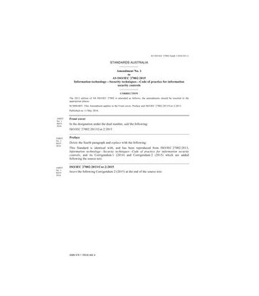 AS ISO/IEC 27002:2015 Amd 1:2016